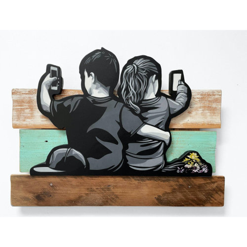 Joe Iurato / Modern Love / 2022 / 50 x 68 x 5 cm / Spray paint, hand scrolled wooden cutout, and reclaimed wood assemblage Shellac and satin polycrylic finish