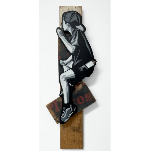 Joe Iurato / Gotta Get Over To Get Up / 2022 / 60 x 23 x 5cm / Spray paint, hand scrolled wooden cutout, and reclaimed wood assemblage Shellac and satin polycrylic finish