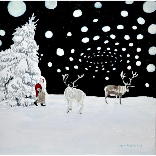 Teppei Ikehila, Santa Claus and Reindeer, H 30 x W 30, Oil on Canvas